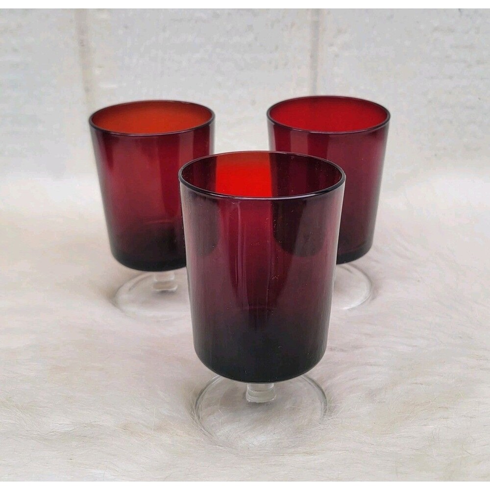 Set of 3 Vintage Wine Goblet Ruby Red Crystal Round Shape 5.25" Made In France